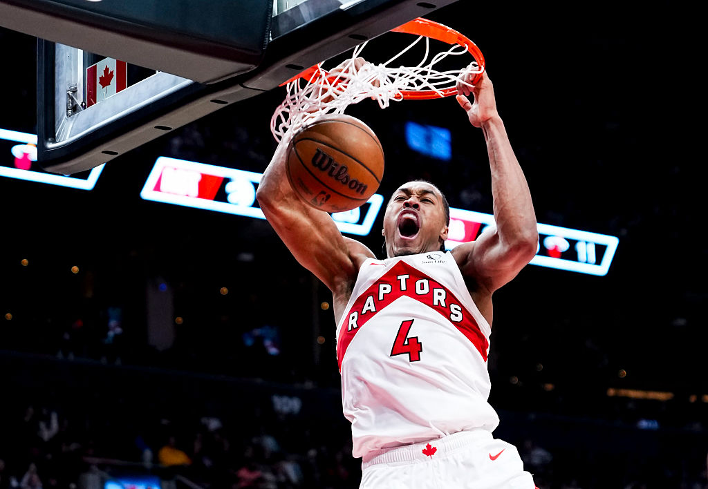 TORONTO, CANADA - APRIL 7: Scottie Barnes #4 of the Toronto Raptors dunks against the Miami Heat during the second half of their basketball game at the Scotiabank Arena on April 7, 2026 in Toronto, Ontario, Canada.