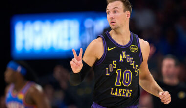 OKLAHOMA CITY, OKLAHOMA - APRIL 02: Luke Kennard #10 of the Los Angeles Lakers reacts after a play against the Oklahoma City Thunder at the Paycom Center on April 2, 2026 in Oklahoma City, Oklahoma. NOTE TO USER: User expressly acknowledges and agrees that, by downloading and or using this photograph, User is consenting to the terms and conditions of the Getty Images License Agreement. (Photo by Cooper Neill/Getty Images)