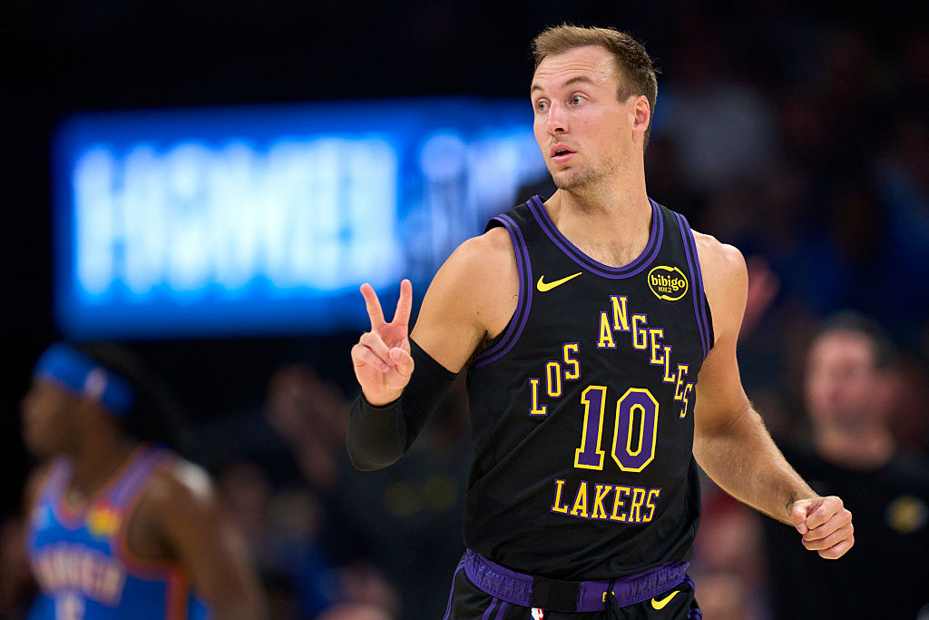 OKLAHOMA CITY, OKLAHOMA - APRIL 02: Luke Kennard #10 of the Los Angeles Lakers reacts after a play against the Oklahoma City Thunder at the Paycom Center on April 2, 2026 in Oklahoma City, Oklahoma. NOTE TO USER: User expressly acknowledges and agrees that, by downloading and or using this photograph, User is consenting to the terms and conditions of the Getty Images License Agreement. (Photo by Cooper Neill/Getty Images)
