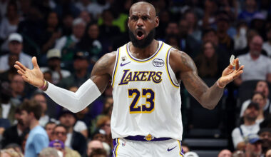 DALLAS, TEXAS - APRIL 05: LeBron James #23 of the Los Angeles Lakers reacts after a foul call in the second half of a game against the Dallas Mavericks at American Airlines Center on April 05, 2026 in Dallas, Texas. NOTE TO USER: User expressly acknowledges and agrees that, by downloading and or using this photograph, User is consenting to the terms and conditions of the Getty Images License Agreement. (Photo by Richard Rodriguez/Getty Images)