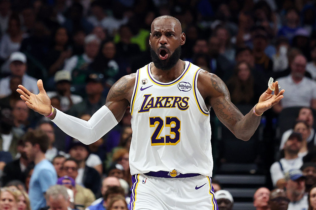 DALLAS, TEXAS - APRIL 05: LeBron James #23 of the Los Angeles Lakers reacts after a foul call in the second half of a game against the Dallas Mavericks at American Airlines Center on April 05, 2026 in Dallas, Texas. NOTE TO USER: User expressly acknowledges and agrees that, by downloading and or using this photograph, User is consenting to the terms and conditions of the Getty Images License Agreement. (Photo by Richard Rodriguez/Getty Images)