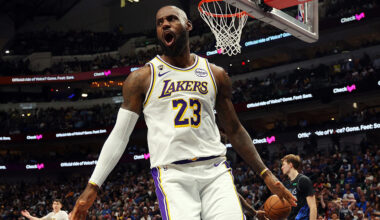 DALLAS, TEXAS - APRIL 05: LeBron James #23 of the Los Angeles Lakers reacts after a dunk against the Dallas Mavericks in the second half of a game at American Airlines Center on April 05, 2026 in Dallas, Texas. NOTE TO USER: User expressly acknowledges and agrees that, by downloading and or using this photograph, User is consenting to the terms and conditions of the Getty Images License Agreement. (Photo by Richard Rodriguez/Getty Images)