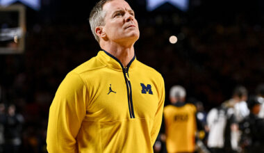 INDIANAPOLIS, INDIANA - APRIL 06: Head coach Dusty May of the Michigan Wolverines looks on before the National Championship of the 2026 NCAA Men's Basketball Tournament against the UConn Huskies at Lucas Oil Stadium on April 06, 2026 in Indianapolis, Indiana. (Photo by Brett Wilhelm/NCAA Photos via Getty Images)