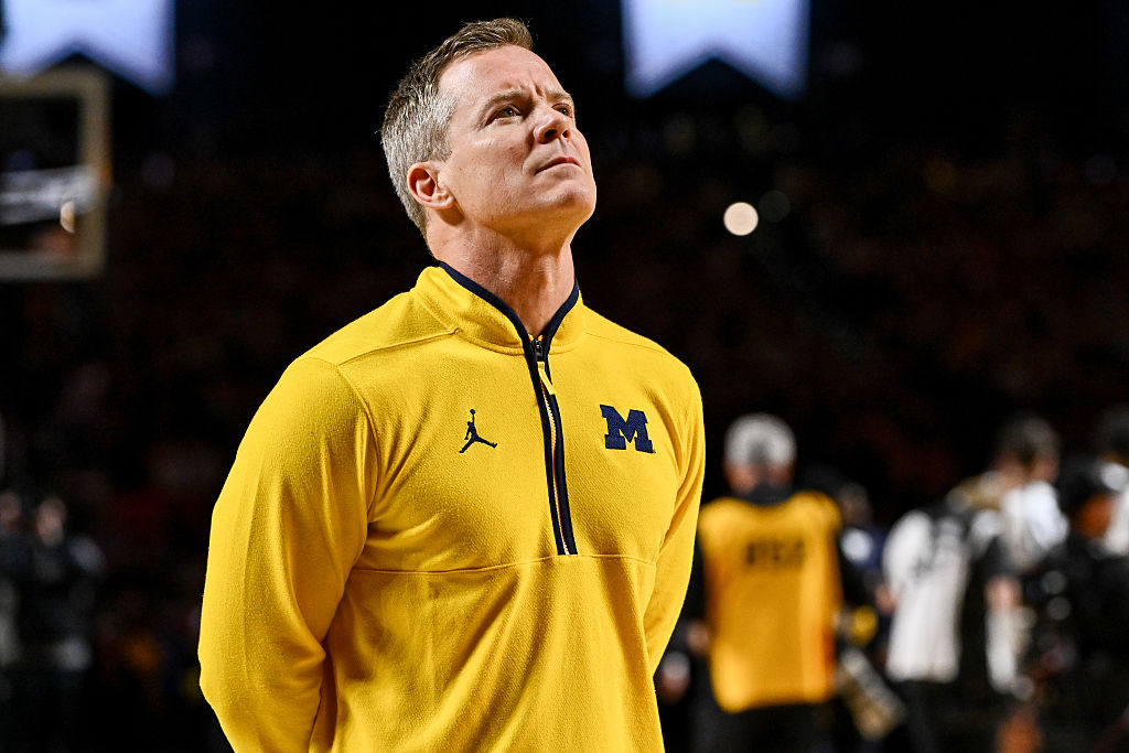 INDIANAPOLIS, INDIANA - APRIL 06: Head coach Dusty May of the Michigan Wolverines looks on before the National Championship of the 2026 NCAA Men's Basketball Tournament against the UConn Huskies at Lucas Oil Stadium on April 06, 2026 in Indianapolis, Indiana. (Photo by Brett Wilhelm/NCAA Photos via Getty Images)