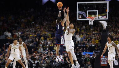 Solo Ball #1 of the UConn Huskies misses a three point basket during the second half of a game against the Michigan Wolverines in the National Championship of the 2026 NCAA Men's Basketball Tournament at Lucas Oil Stadium on April 06, 2026 in Indianapolis, Indiana.