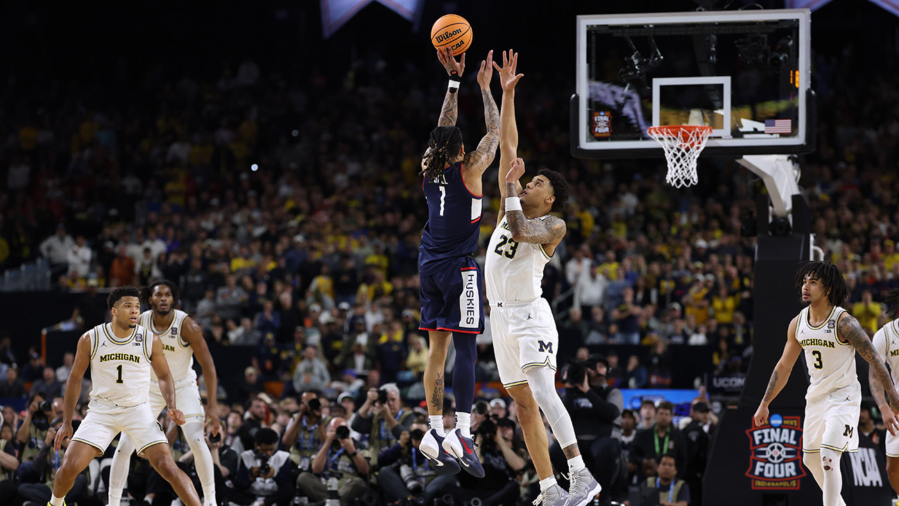 Solo Ball #1 of the UConn Huskies misses a three point basket during the second half of a game against the Michigan Wolverines in the National Championship of the 2026 NCAA Men's Basketball Tournament at Lucas Oil Stadium on April 06, 2026 in Indianapolis, Indiana.