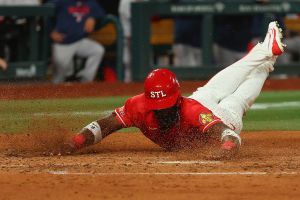 ST LOUIS, MISSOURI - APRIL 10: Jordan Walker #18 of the St. Louis Cardinals scores a run against the Boston Red Sox in the fifth inning at Busch Stadium on April 10, 2026 in St Louis, Missouri. (Photo by Dilip Vishwanat/Getty Images)