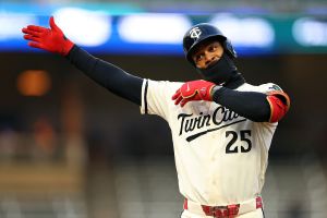 MINNEAPOLIS, MINNESOTA - APRIL 07: Byron Buxton #25 of the Minnesota Twins celebrates his single against the Detroit Tigers in the third inning at Target Field on April 07, 2026 in Minneapolis, Minnesota. (Photo by David Berding/Getty Images)
