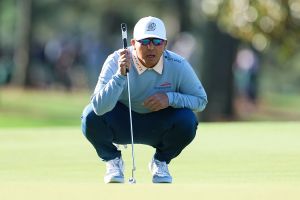 AUGUSTA, GEORGIA - APRIL 09: Kurt Kitayama of the United States lines up a putt on the first green during the first round of the 2026 Masters Tournament at Augusta National Golf Club on April 09, 2026 in Augusta, Georgia.