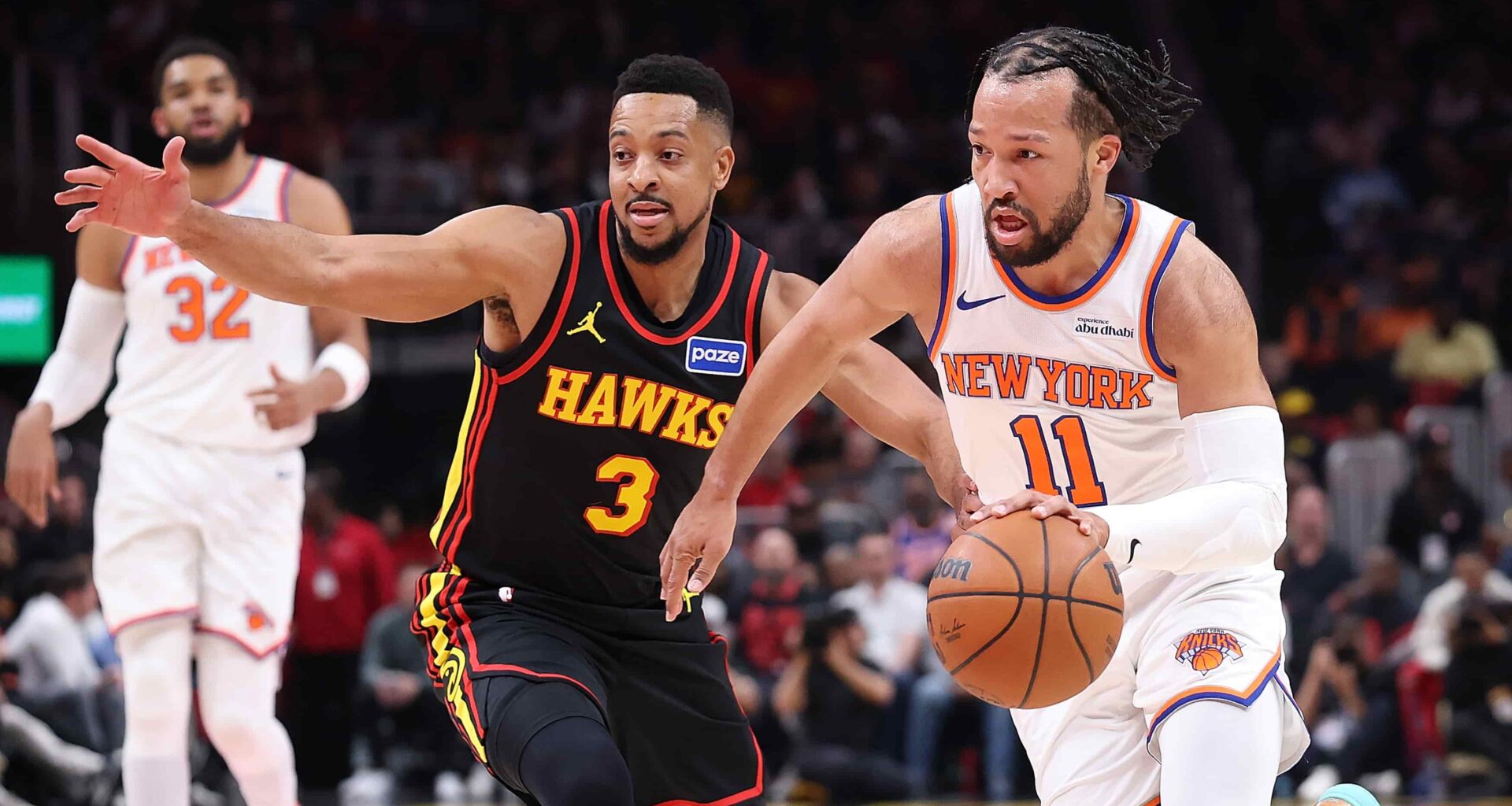 ATLANTA, GEORGIA - APRIL 06: Jalen Brunson #11 of the New York Knicks drives against CJ McCollum #3 of the Atlanta Hawks during the first quarter at State Farm Arena on April 06, 2026 in Atlanta, Georgia. NOTE TO USER: User expressly acknowledges and agrees that, by downloading and or using this photograph, User is consenting to the terms and conditions of the Getty Images License Agreement. (Photo by Kevin C. Cox/Getty Images)