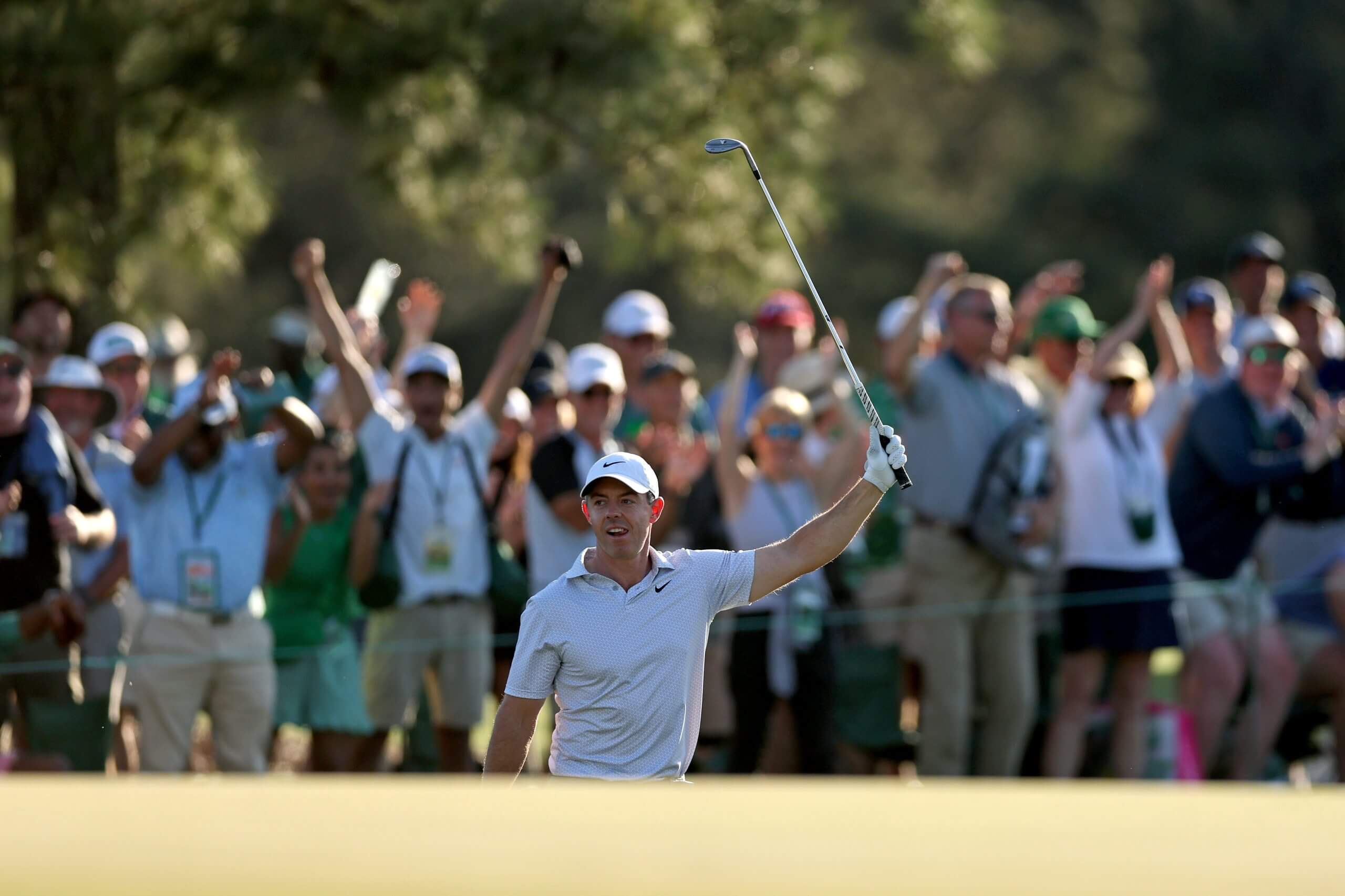 AUGUSTA, GEORGIA - APRIL 10: Rory McIlroy of Northern Ireland reacts on the 17th green during the second round of the 2026 Masters Tournament at Augusta National Golf Club on April 10, 2026 in Augusta, Georgia. (Photo by Maddie Meyer/Getty Images)