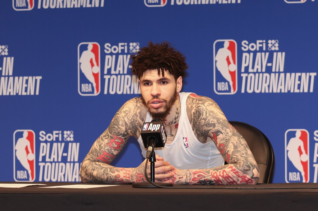 LaMelo Ball talks to the media after the game against the Miami Heat during the 2026 SoFi Play-In Tournament on April 14, 2026 at Spectrum Center in Charlotte, North Carolina.