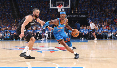 OKLAHOMA CITY, OK - APRIL 19: Shai Gilgeous-Alexander #2 of the Oklahoma City Thunder drives to the basket during the game against the Phoenix Suns during Round One Game One of the 2026 NBA Playoffs on April 19, 2026 at Paycom Center in Oklahoma City, Oklahoma. NOTE TO USER: User expressly acknowledges and agrees that, by downloading and or using this photograph, User is consenting to the terms and conditions of the Getty Images License Agreement. Mandatory Copyright Notice: Copyright 2026 NBAE (Photo by Zach Beeker/NBAE via Getty Images)