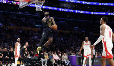 LOS ANGELES, CA - APRIL 21: Los Angeles Lakers forward LeBron James (23) goes up for a windmill dunk during the third quarter of game two in an NBA playoff game against the Houston Rockets at Crypto.com Arena on Tuesday, April 21, 2026 in Los Angeles, CA. (Robert Gauthier / Los Angeles Times via Getty Images)