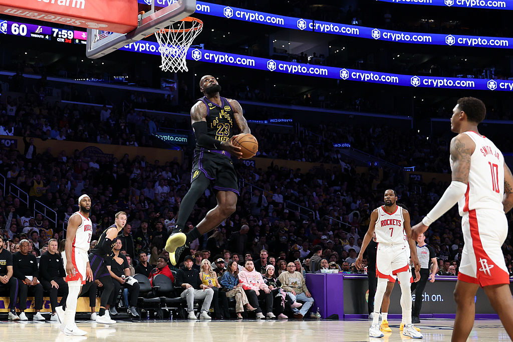 LOS ANGELES, CA - APRIL 21: Los Angeles Lakers forward LeBron James (23) goes up for a windmill dunk during the third quarter of game two in an NBA playoff game against the Houston Rockets at Crypto.com Arena on Tuesday, April 21, 2026 in Los Angeles, CA. (Robert Gauthier / Los Angeles Times via Getty Images)