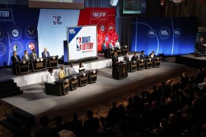 CHICAGO - MAY 15: NBA Deputy Commissioner, Mark Tatum makes an announcement during the 2018 NBA Draft Lottery at the Palmer House Hotel on May 15, 2018 in Chicago Illinois. NOTE TO USER: User expressly acknowledges and agrees that, by downloading and/or using this photograph, user is consenting to the terms and conditions of the Getty Images License Agreement. Mandatory Copyright Notice: Copyright 2018 NBAE