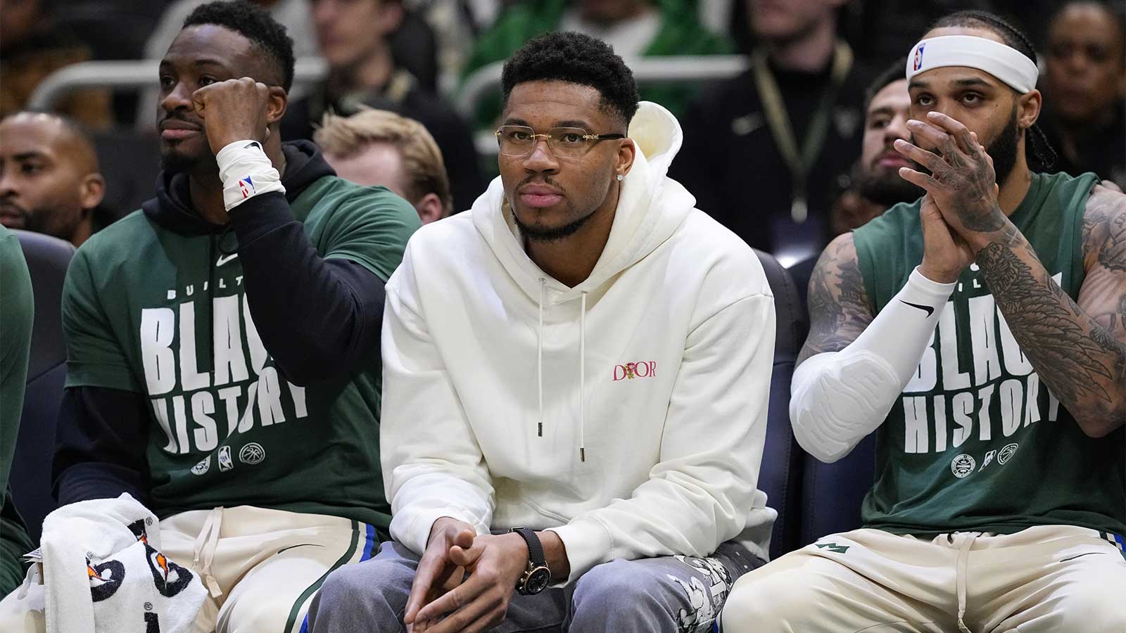 Milwaukee Bucks forward Giannis Antetokounmpo looks on from the bench during the first quarter against the New Orleans Pelicans at Fiserv Forum.