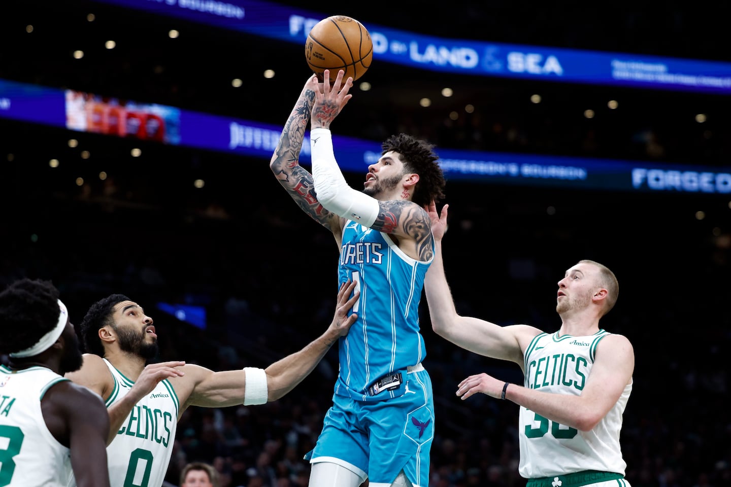 Hornets guard LaMelo Ball had 23 first-half points to give his team a 61-55 halftime lead over the Celtics in Tuesday night's game at TD Garden.
