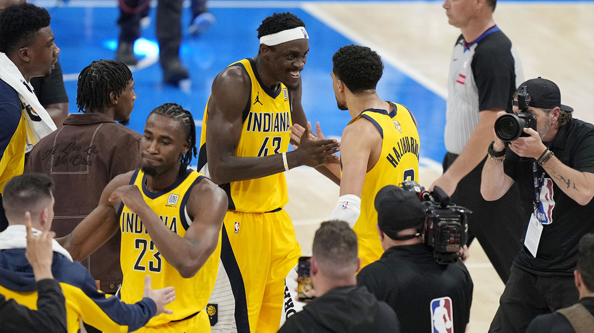 Indiana Pacers forward Pascal Siakam (43) celebrates with guard Tyrese Haliburton (0) after their win against the Oklahoma City Thunder in game one of the 2025 NBA Finals at Paycom Center.