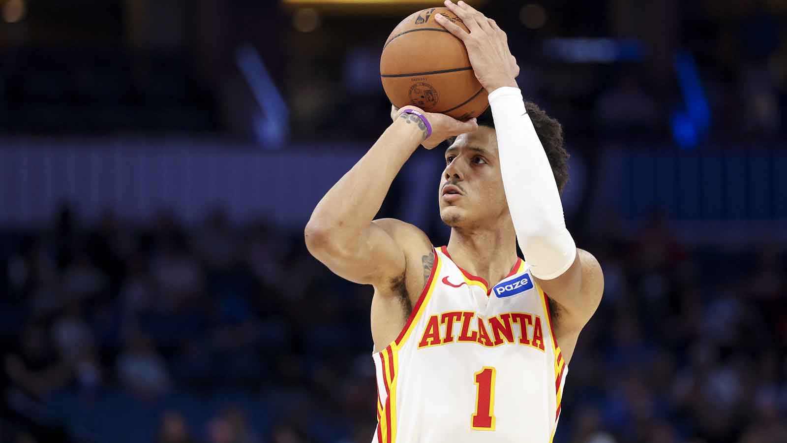Atlanta Hawks forward Jalen Johnson (1) shoots the ball against the Orlando Magic in the first quarter at Kia Center