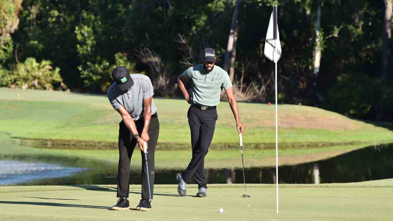 Garrett Temple and Kyle Lowry golf in the bubble during the 2020 COVID-19 pandemic. (Photo courtesy Garrett Temple)