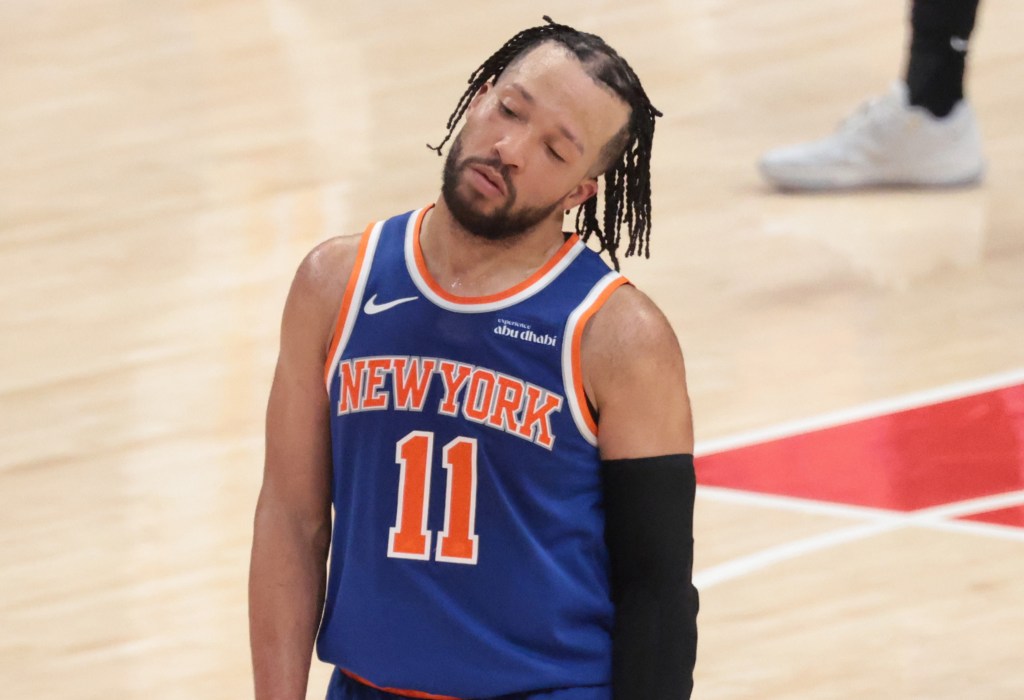 Jalen Brunson gives a frustrated expression during the third quarter of the Knicks' Game 3 loss to the Hawks.