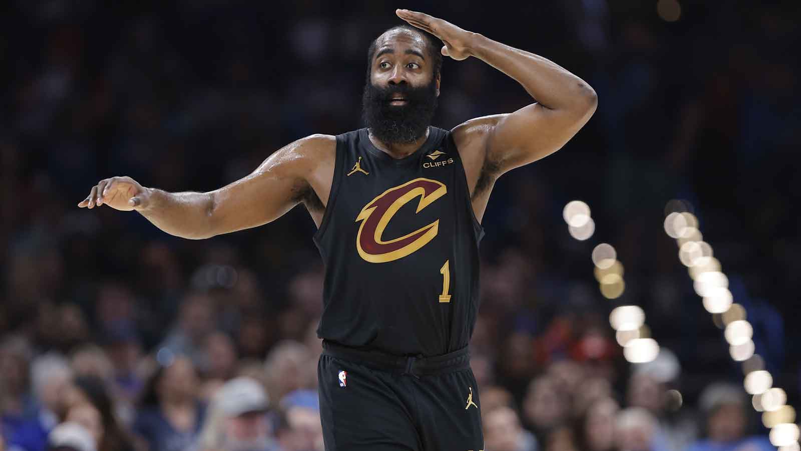 Cleveland Cavaliers guard James Harden (1) gestures to his team during a play against the Oklahoma City Thunder during the second half at Paycom Center.