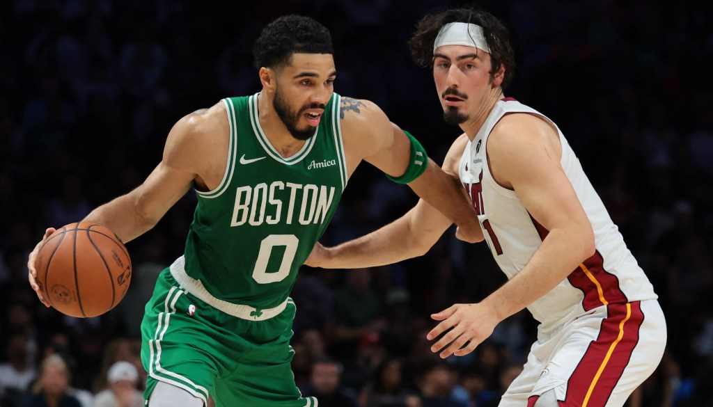 Jayson Tatum drives on Jaime Jaquez Jr. during the Celtics' blowout win over the Heat on April 1, 2026 in Miami.