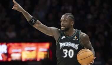 Mar 5, 2026; Minneapolis, Minnesota, USA; Minnesota Timberwolves forward Julius Randle (30) dribbles the bal against the Toronto Raptors in the first half at Target Center. Mandatory Credit: Jesse Johnson-Imagn Images