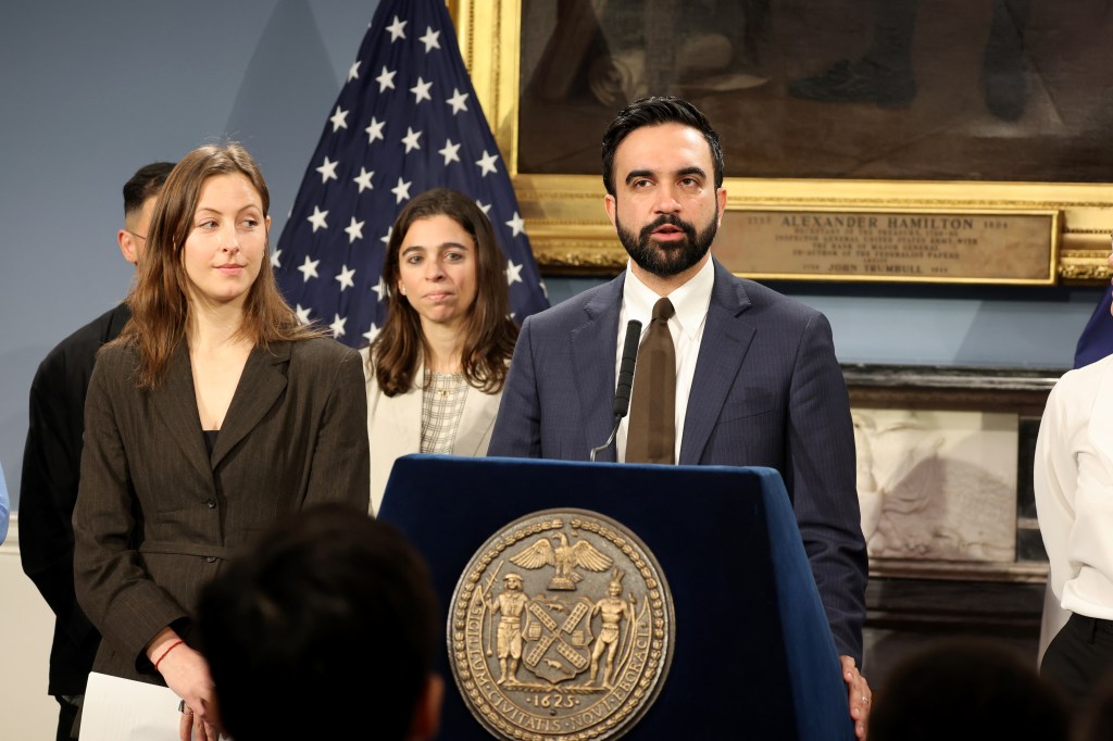 Mayor Zohran Kwame Mamdani is pictured at City Hall Blue Room on Thursday, April 16, 2026, during a press conference 