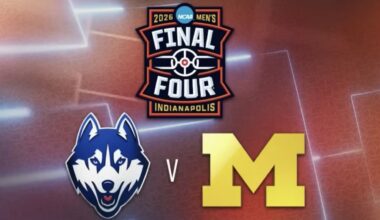 Promo logos for 2026 NCAA Men's Final Four National Championship between UCONN and Michigan