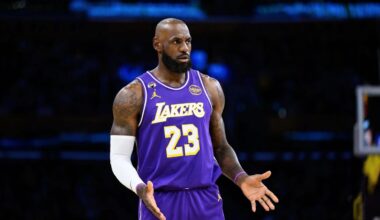 Mar 27, 2026; Los Angeles, California, USA; Los Angeles Lakers forward LeBron James (23) reacts during the first half against the Brooklyn Nets at Crypto.com Arena. Mandatory Credit: William Liang-Imagn Images