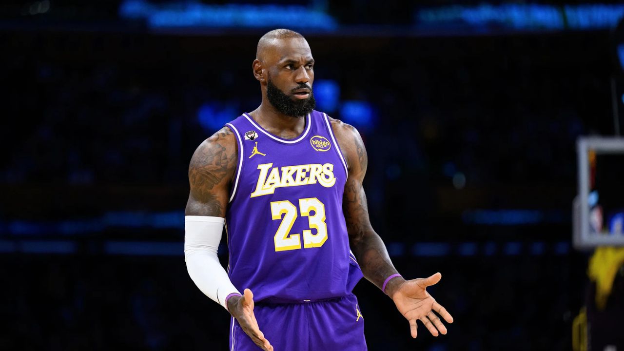Mar 27, 2026; Los Angeles, California, USA; Los Angeles Lakers forward LeBron James (23) reacts during the first half against the Brooklyn Nets at Crypto.com Arena. Mandatory Credit: William Liang-Imagn Images
