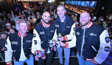 Boston sports legends, from left, 3x Patriots Super Bowl Champion Julian Edelman, Celtics guard Derrick White, Bruins Hall of Famer Zdeno Chara and Red Sox pitcher Garrett Crochet cheers to the launch of their beers brewed in collaboration with Samuel Adams at the Our City. Our Beer." Launch Event on Saturday, April 4, 2026 at Banners Kitchen & Tap in Boston.