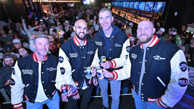 Boston sports legends, from left, 3x Patriots Super Bowl Champion Julian Edelman, Celtics guard Derrick White, Bruins Hall of Famer Zdeno Chara and Red Sox pitcher Garrett Crochet cheers to the launch of their beers brewed in collaboration with Samuel Adams at the Our City. Our Beer." Launch Event on Saturday, April 4, 2026 at Banners Kitchen & Tap in Boston.