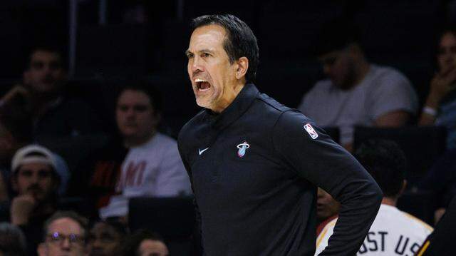Miami Heat head coach Erik Spoelstra shouts to the team during the second half of a game against the Philadelphia 76ers on March 30, 2026, at Kaseya Center in Miami.