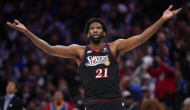 Philadelphia 76ers' Joel Embiid reacts during the first half of Game 4 against the Boston Celtics in a first-round NBA basketball playoffs series Sunday, April 26, 2026, in Philadelphia. (AP Photo/Matt Slocum)