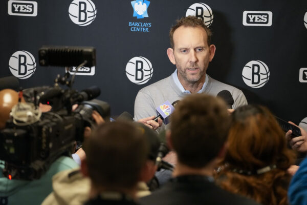 Brooklyn Nets general manager Sean Marks speaks to reporters before an NBA basketball game against the Chicago Bulls, Thursday, Feb. 9, 2023, in New York. (AP Photo/Mary Altaffer)