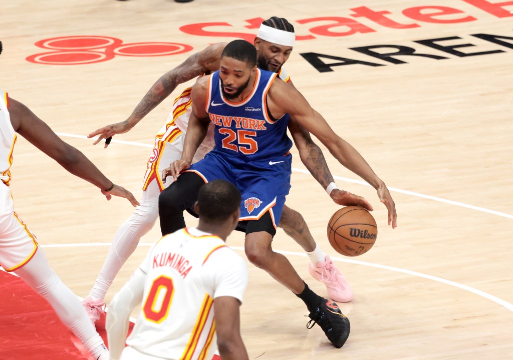 Nickeil Alexander-Walker steals the ball from Mikal Bridgets during the Knicks' 114-98 Game 4 win over the Hawks on April 25, 2026 in Atlanta.