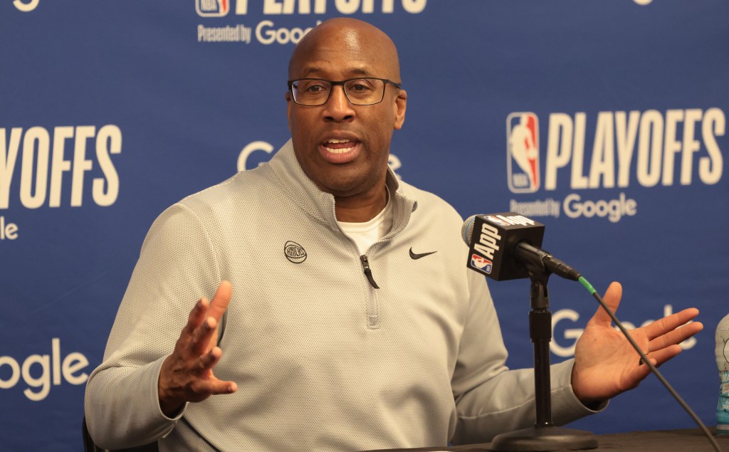 Mike Brown talks to reporters after the Knicks' 109-108 Game 3 loss to the Hawks on April 23, 2026 in Atlanta.