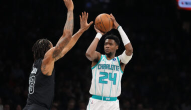 Brandon Miller’s early scoring surge spearheaded Charlotte to a blowout win in Downtown Brooklyn on Tuesday night. Photo: Frank Franklin II/AP