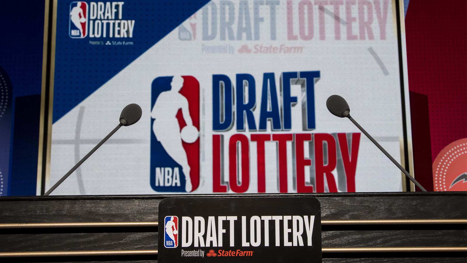 The podium with logos is seen prior to the 2018 NBA Draft Lottery at the Palmer House Hilton.