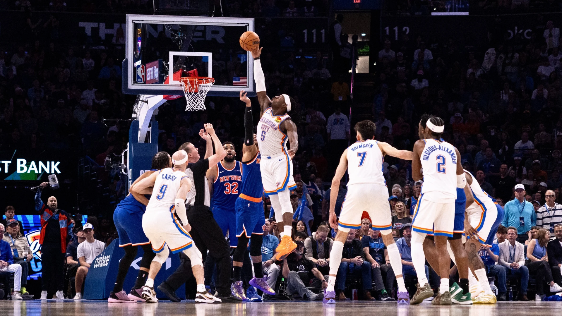 Luguentz Dort #5 of the Oklahoma City Thunder shoots the ball during the second half against the New York Knicks at Paycom Center on March 29, 2026 in Oklahoma City, Oklahoma. (Photo by William Purnell/Getty Images)