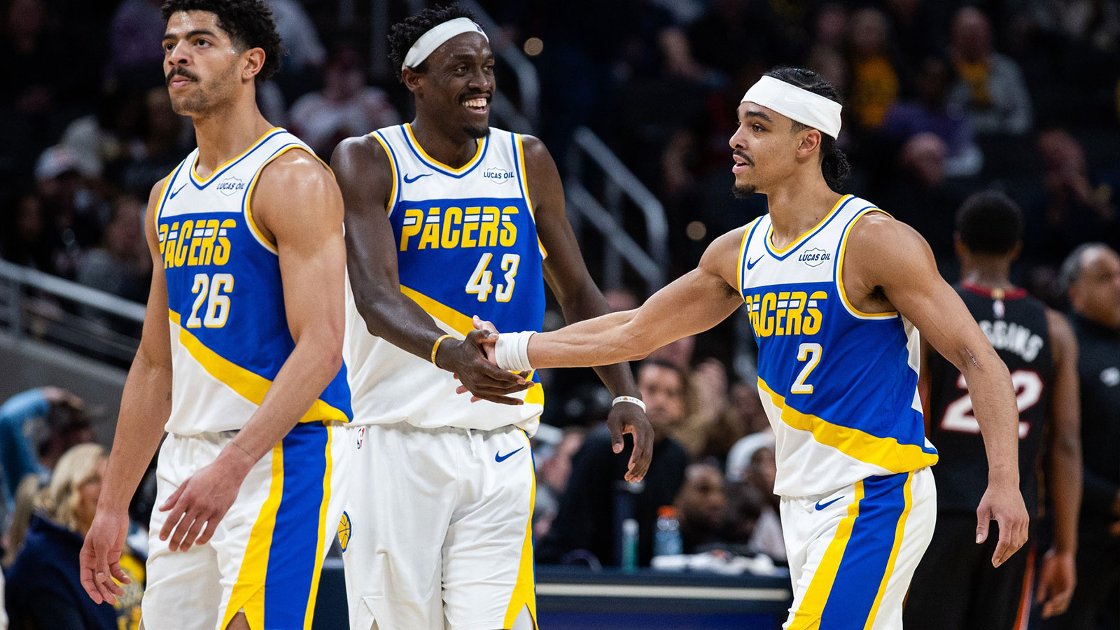 Indiana Pacers guard Andrew Nembhard (2) celebrates with forward Pascal Siakam (43) a made shot in the second half against the Miami Heat at Gainbridge Fieldhouse.
