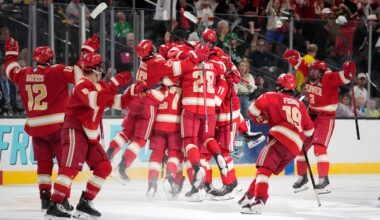 Denver players celebrated after Kent Anderson's goal in double overtime lifted the team to a 4-3 win over Michigan.