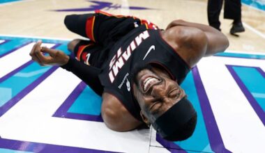 Heat's Bam Adebayo out for the game after Hornets' LaMelo Ball trips him, leading to hard fall