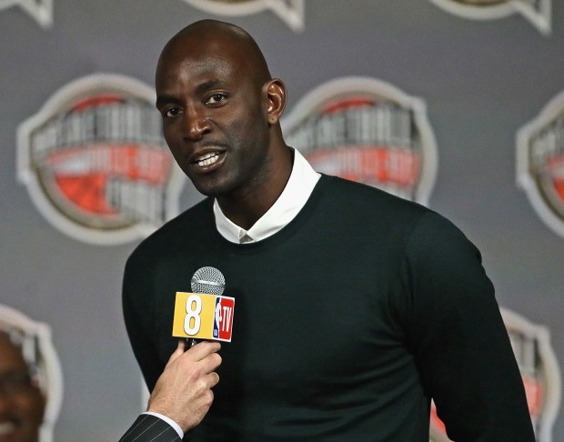 CHICAGO, ILLINOIS - FEBRUARY 14: Kevin Garnett, a finalist for the 2020 Naismith Memorial Basketball Hall of Fame, speaks during a ceremony announcing the finalists at the United Center on February 14, 2020 in Chicago, Illinois. NOTE TO USER: User expressly acknowledges and agrees that, by downloading and or using this photograph, User is consenting to the terms and conditions of the Getty Images License Agreement. (Photo by Jonathan Daniel/Getty Images)