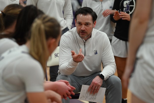 University of Scranton's head coach Ben O'Brien talks to his players during NCAA DIII first-round game at the University of Scranton in Scranton against Framingham State on Friday, March 06, 2026. (REBECCA PARTICKA/STAFF PHOTOGRAPHER)