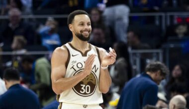 Jan 17, 2026; San Francisco, California, USA; Golden State Warriors guard Stephen Curry (30) reacts during the third quarter against the Charlotte Hornets at Chase Center. Mandatory Credit: John Hefti-Imagn Images