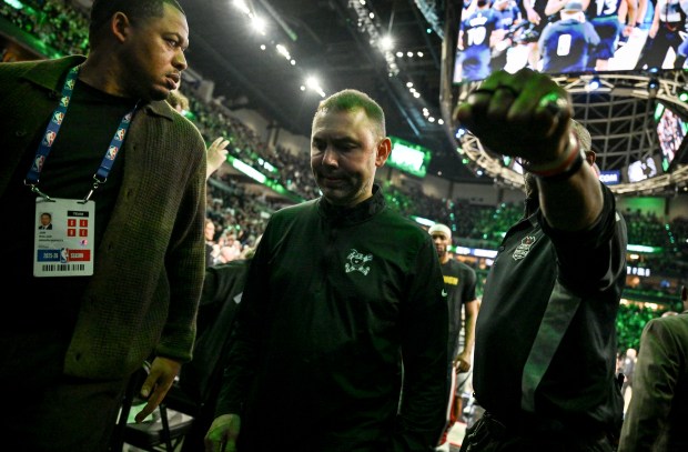 General manager Jon Wallace and head coach David Adelman of the Denver Nuggets leave the floor after the Minnesota Timberwolves' 112-96 win in game four of their NBA Playoffs series at the Target Center in Minneapolis, Minnesota on Saturday, April 25, 2026. (Photo by AAron Ontiveroz/The Denver Post)